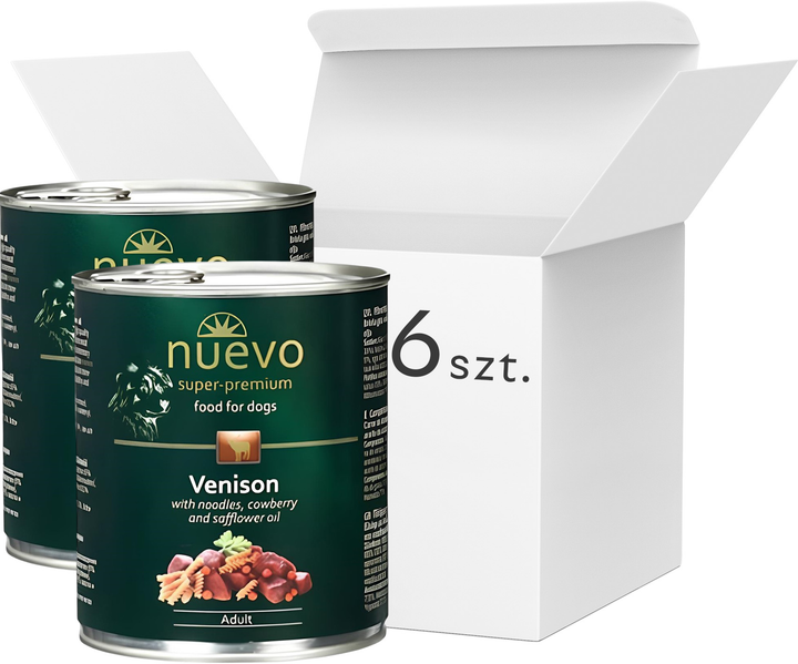 Opakowanie mokrej karmy dla psów Nuevo Venison Adult Pasta z dziczyzną 800 g x 6 szt (4250231595516) - obraz 1