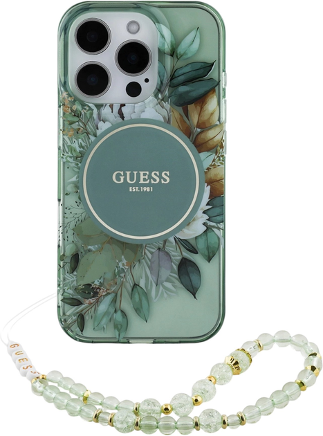 Панель Guess Hardcase IML Flowers With Pearl Strap MagSafe для Apple iPhone 16 Pro Max Green (GUHMP16XHFWBRCESN) - зображення 1