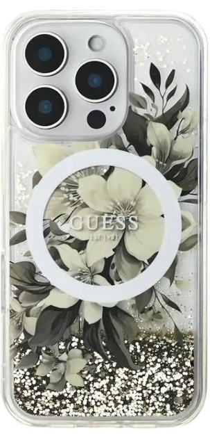 Etui Guess Hardcase Liquid Glitter Flower MagSafe do Apple iPhone 16 Pro Max Beige (GUHMP16XLFMWTE) - obraz 1