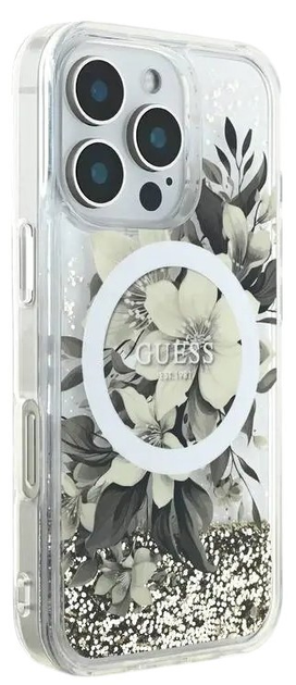 Etui Guess Hardcase Liquid Glitter Flower MagSafe do Apple iPhone 16 Pro Max Beige (GUHMP16XLFMWTE) - obraz 3