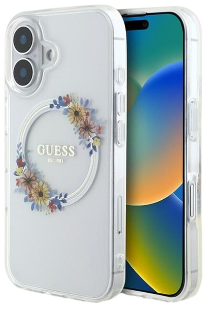 Etui Guess Hardcase IML Flowers Wreath MagSafe do Apple iPhone 16 Plus Transparent (GUHMP16MHFWFCT) - obraz 1