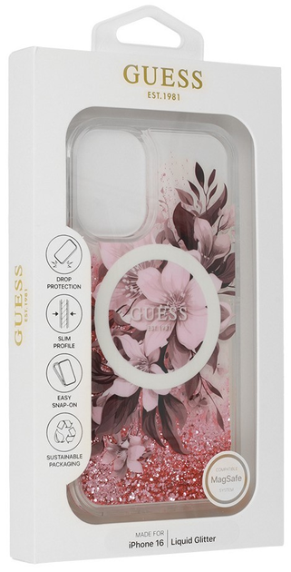 Панель Guess Hardcase Liquid Glitter Flower MagSafe для Apple iPhone 16 Pink (GUHMP16SLFMWTP) - зображення 1