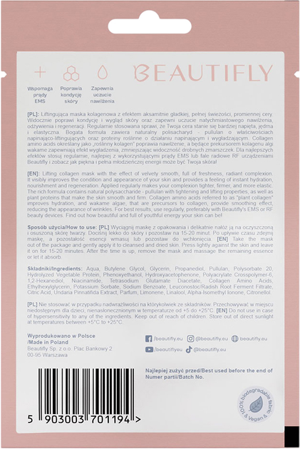 Maska kolagenowa do twarzy Beautifly Collagen Beauty w płacie 8 szt (5903003701224) - obraz 4