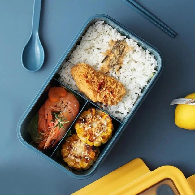 Ланчбокс на 3 відділення з приборами LUNCH 1400 мл синій з жовтим - зображення 4