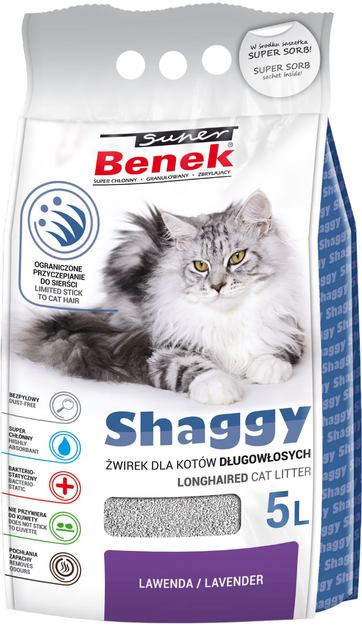 Żwirek dla kotów zbrylajacy Super Benek Shaggy Lawendowy 5 l (5905397019343) - obraz 1