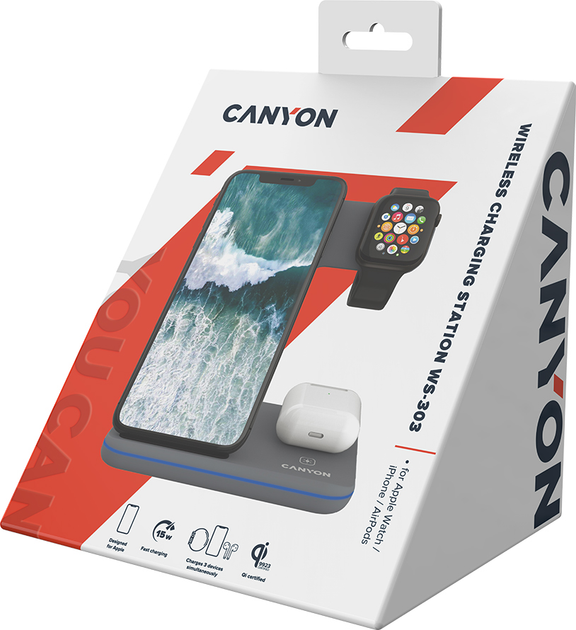 Бездротовий зарядний пристрій Canyon WS-303 3 в 1 QI Dark Grey (CNS-WCS303DG) - зображення 8