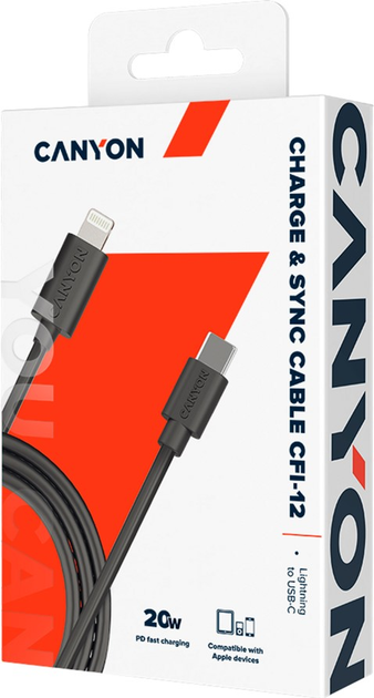 Kabel Canyon CFI-12 Type C to Lightning, 5V3A, 9V2.22A, PD20W Black (CNE-CFI12B) - obraz 2