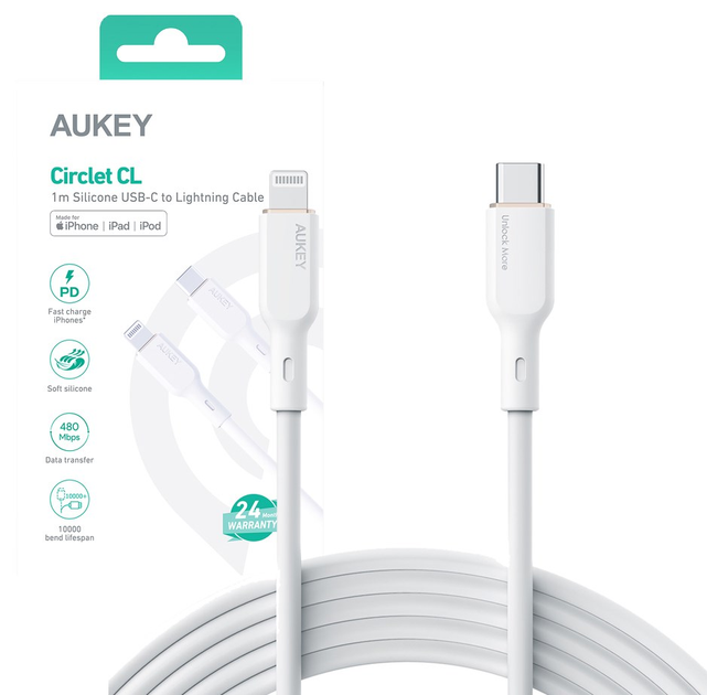 Kabel Aukey QC PD USB Type-C – Apple Lightning 1.8 m 27 W CB-SCL2 White (689323785247) - obraz 2