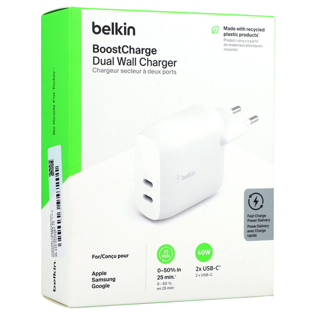 Ładowarka sieciowa Belkin Boost Wall Dual 2 x 20 W USB-C PD 3.0 40 W White (745883825455) - obraz 4