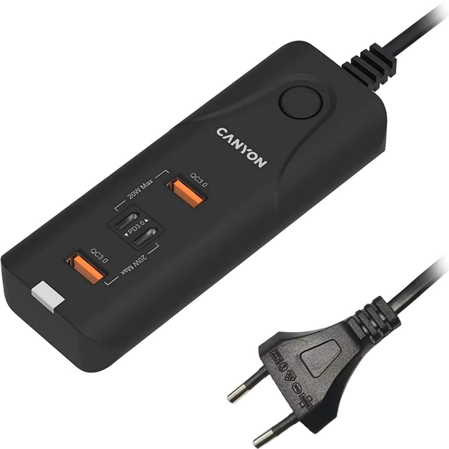 Мережевий зарядний пристрій Canyon H-10 PD 20W QC 3.0 18W 2 x USB-A + 2 x USB-C Black (CNE-CHA10B) - зображення 1