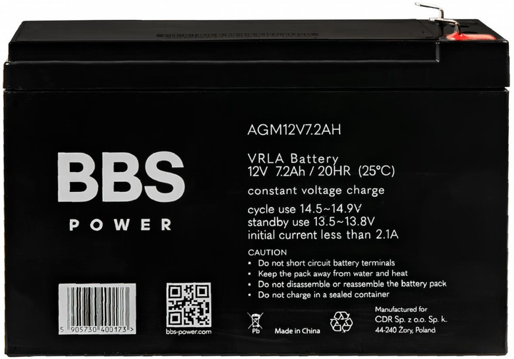 Akumulator BBS Power AGM12V7.2AH AGM VRLA 12 V 7.2 Ah - obraz 2