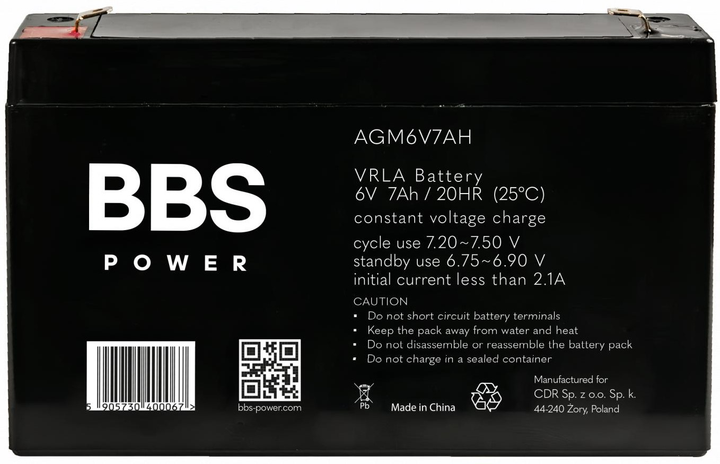 Akumulator BBS Power AGM6V7AH AGM VRLA 6 V 7 Ah - obraz 2