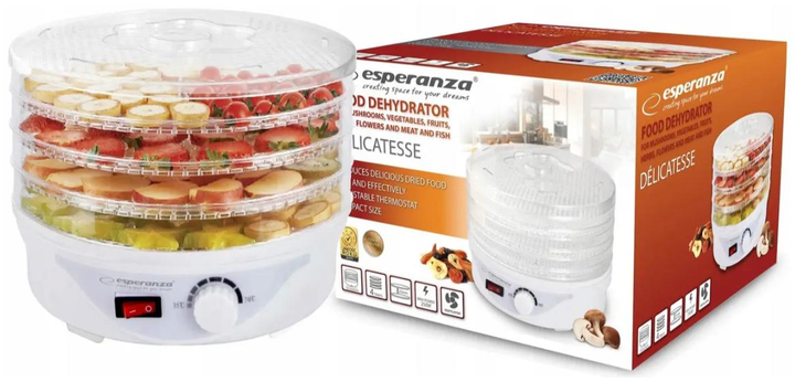 Сушилка для овощей и фруктов Esperanza EKD003 Delicatesse, белая, 250W, 4 лотка, 8 программ, 24см, дегидратор - изображение 7