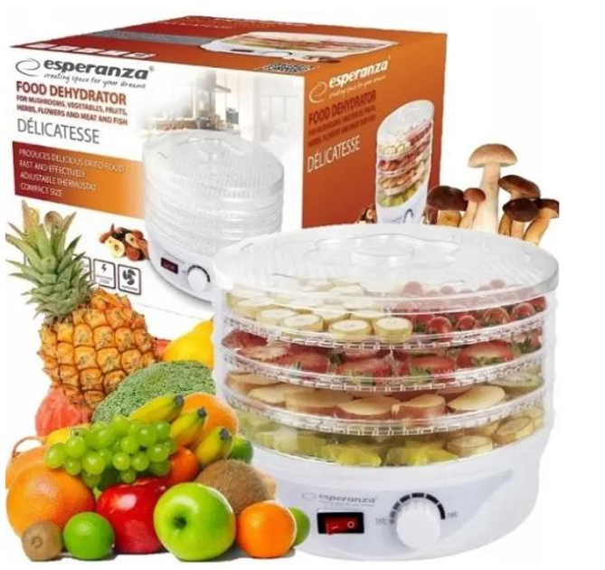 Сушилка для овощей и фруктов Esperanza EKD003 Delicatesse, белая, 250W, 4 лотка, 8 программ, 24см, дегидратор - изображение 10