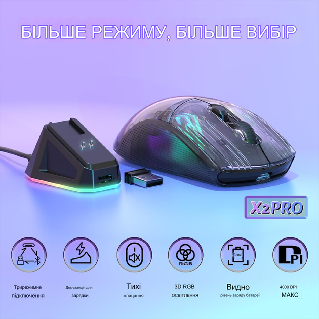 Беспроводная игровая прозрачная мышь Attack Shark X2 Pro с цифровым дисплеем USB 2,4G 300 мАч Black - изображение 9