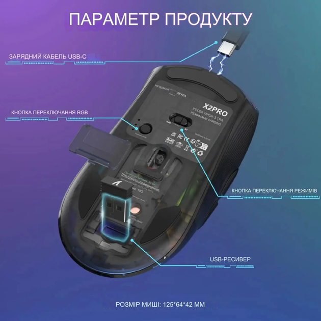 Беспроводная игровая прозрачная мышь Attack Shark X2 Pro с цифровым дисплеем USB 2,4G 300 мАч Black - изображение 11