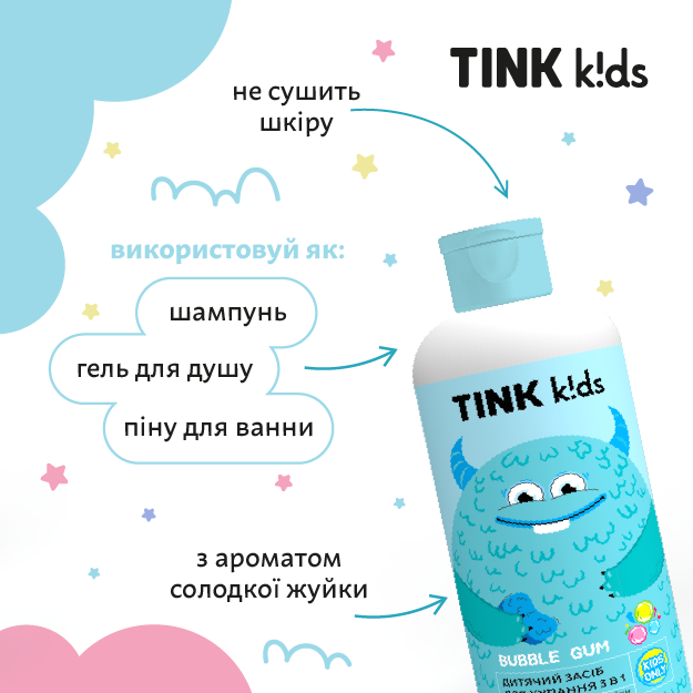 Детское средство для купания 3 в 1 Tink kids Bubble Gum 500 мл (4823109410886) - Фото 5 Детское средство для купания 3 в 1 Tink kids Bubble Gum 500 мл (4823109410886) - изображение 5