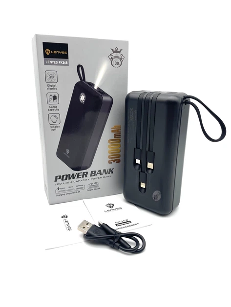Повербанк Power Bank LENYES LED-30000mAh (Реальна ємність), ліхтарик, 2хUSB, MicroUSB, Type-C з кабелями 5В - зображення 3