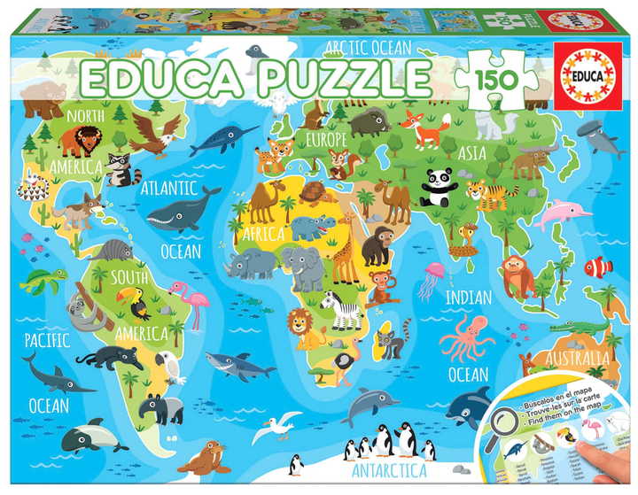 Puzzle Educa Mapa Swiata zwierząt dla dzieci 150 elementów (8412668181151) - obraz 1