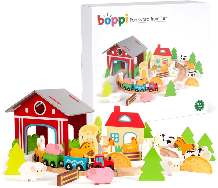 Zestaw do zabawy Boppi Wooden Farm Train Kit Animals Trees Station 48 elementów (5060459742895) - obraz 1