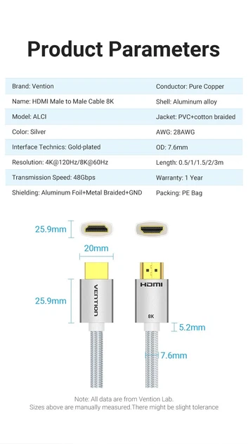 Кабель HDMI Vention HDMI-HDMI, 1 m, v2.1, 8K 60Hz, 4K 165Hz, 2K 144Hz, 1080P 240Hz (ALCIF) - изображение 2