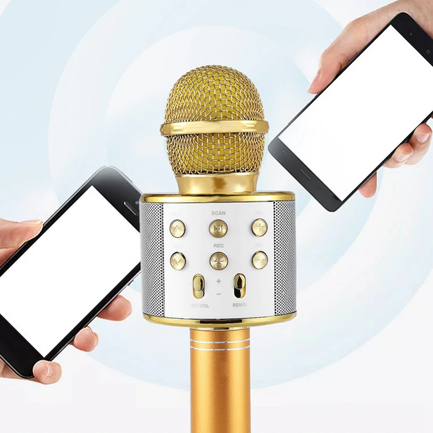 Беспроводной караоке-микрофон детский со встроенной колонкой Handheld KTV Bluetooth-Microphone Gold, золотистый (WS-858G) - Фото 2 Беспроводной караоке-микрофон детский со встроенной колонкой Handheld KTV Bluetooth-Microphone Gold, золотистый (WS-858G) - изображение 2