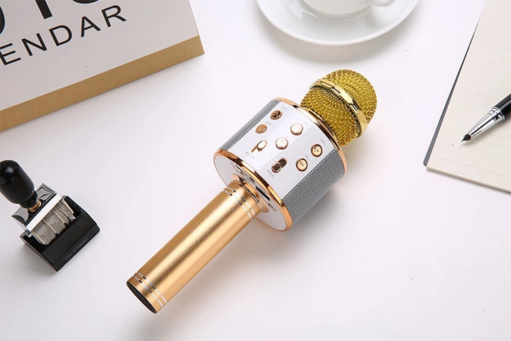 Беспроводной караоке-микрофон детский со встроенной колонкой Handheld KTV Bluetooth-Microphone Gold, золотистый (WS-858G) - Фото 9 Беспроводной караоке-микрофон детский со встроенной колонкой Handheld KTV Bluetooth-Microphone Gold, золотистый (WS-858G) - изображение 9