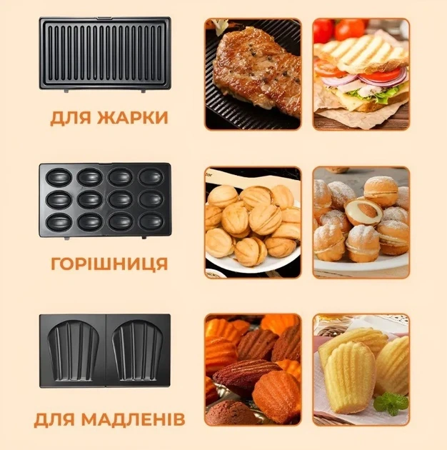 Мультимейкер 6 в 1 750Вт Sokany SK-908 со сменными формами для вафель, орешков, печенья и блюд на гриле - изображение 7