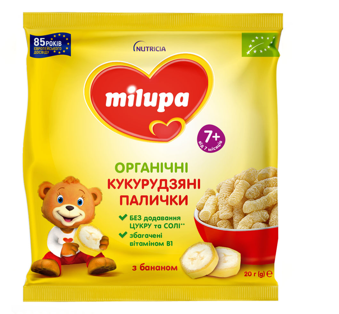 Упаковка органічних кукурудзяних паличок Milupa з бананом для дітей від 7 міс 20 г х 8 шт (4820226169321) - зображення 2