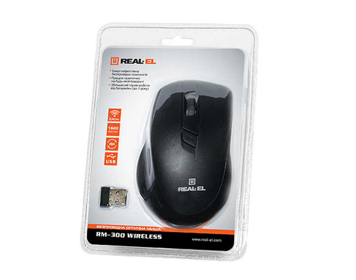 Мышь беспроводная REAL-EL RM-300 Wireless, Black, USB, 800/1200/1600 dpi, 4 кнопки, 1xAA - изображение 1