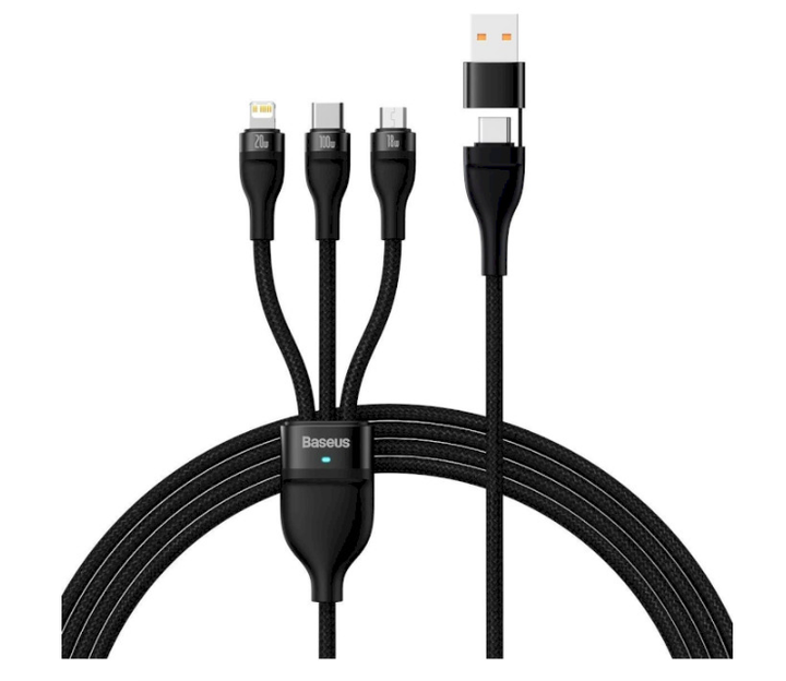 Кабель Baseus Flash Series 2 Two-for-three Charging Cable USB+Type-C to Type-C+Lightning+Micro-USB 100W 1.2m Black (CASS030101) - Фото 1 Кабель Baseus Flash Series 2 Two-for-three Charging Cable USB+Type-C to Type-C+Lightning+Micro-USB 100W 1.2m Black (CASS030101) - зображення 1