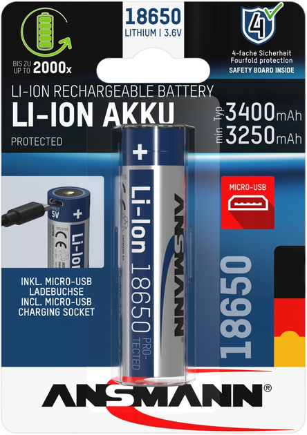 Akumulator Ansmann Li-ion 18650 Micro-USB 3400 mAh (4013674161379) - obraz 1