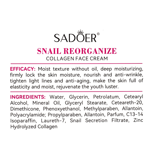 Антивіковий крем для обличчя Sadoer Snail Collagen Reorganizing з муцином равлики 50 г - изображение 5