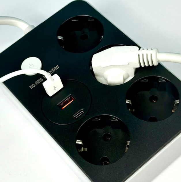 Подовжувач мережевий Power Socket 8206, 2USB, Type-C, 4 розетки, 2 м, чорний - зображення 2