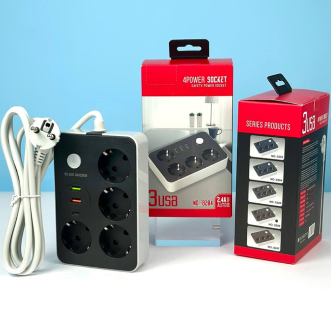 Подовжувач мережевий Power Socket 8206, 2USB, Type-C, 4 розетки, 2 м, чорний - зображення 6