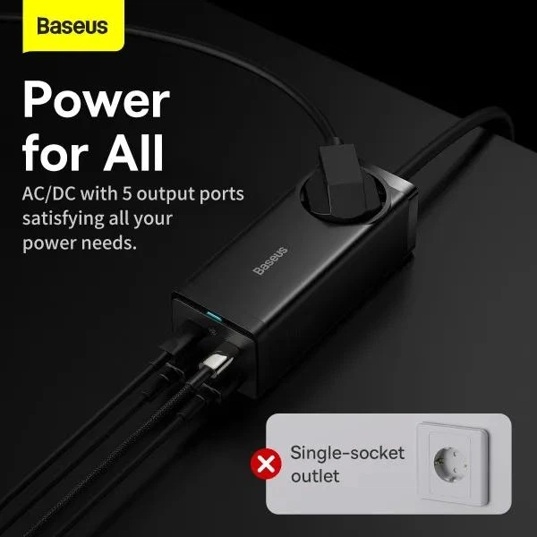 Сетевое зарядное устройство Baseus 100W EU GaN3 Pro Desktop Powerstrip AC+ 2x Type-C + 2x USB Type-A + кабель Type-C to Type-C 100W 20V/5A 1m Black (PSZM000401) Fast Qiuck Charger QC4.0+PD CCGAN100-1ACE - Фото 12 Сетевое зарядное устройство Baseus 100W EU GaN3 Pro Desktop Powerstrip AC+ 2x Type-C + 2x USB Type-A + кабель Type-C to Type-C 100W 20V/5A 1m Black (PSZM000401) Fast Qiuck Charger QC4.0+PD CCGAN100-1ACE - изображение 12