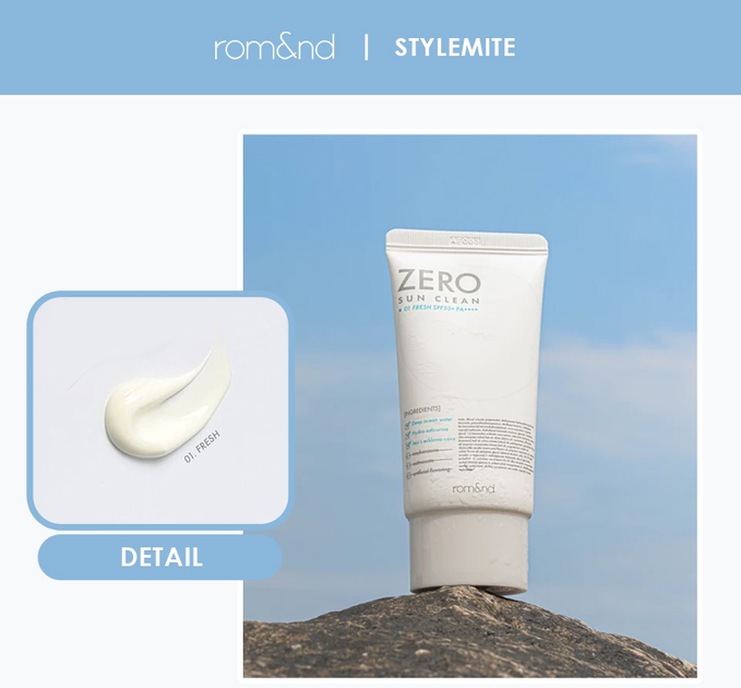 Легкий солнцезащитный крем Rom&nd Zero Sun Clean 01 Fresh SPF50+ PA++++, 50 мл - Фото 2 Легкий солнцезащитный крем Rom&nd Zero Sun Clean 01 Fresh SPF50+ PA++++, 50 мл - изображение 2