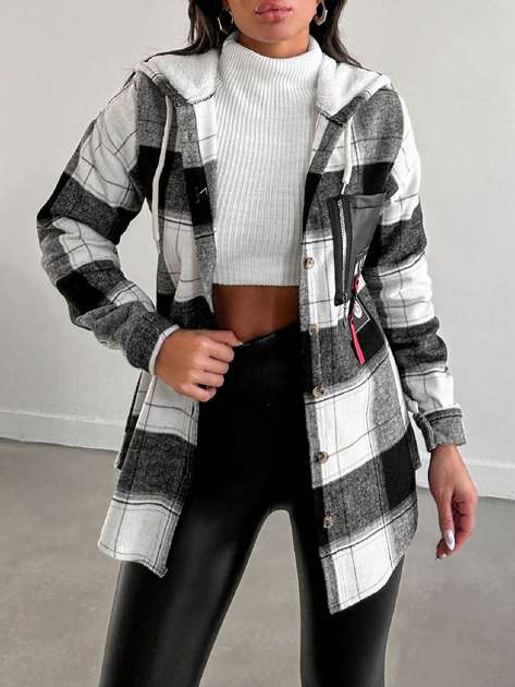 Пальто осеннее с капюшоном женское SHEIN GD-00088589 XL Черное с белым ...