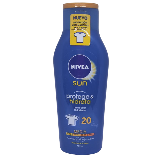 Сонцезахисне молочко для тіла Nivea Sun Protege Hidrata Leche Solar SPF20 водостійке 400 мл - Фото 1 Сонцезахисне молочко для тіла Nivea Sun Protege Hidrata Leche Solar SPF20 водостійке 400 мл - зображення 1