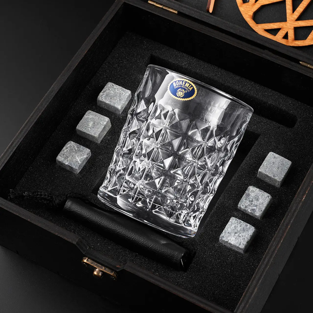Камені для охолодження віскі Темна коробка + Келих Bohemia Diamond 280 мл + мішечок + щипці + підставка + 6 каменів - зображення 6