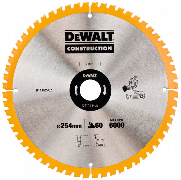 Диск пиляльний DeWalt для дерева 254 мм DT1182 (5035048099759) - зображення 1