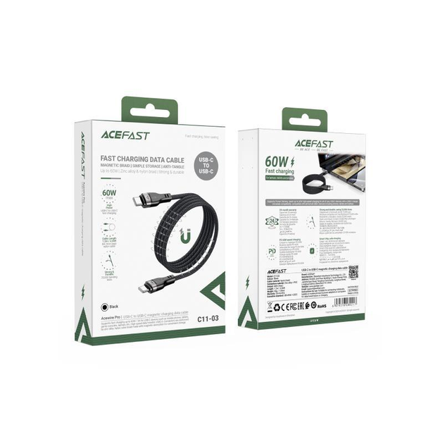 Кабель ACEFAST C11-03 Type-C на Type-C 3A, 60W, 1.2m, nylon + PVC, zinc connectors, Чорний - Фото 2 Кабель ACEFAST C11-03 Type-C на Type-C 3A, 60W, 1.2m, nylon + PVC, zinc connectors, Чорний - изображение 2