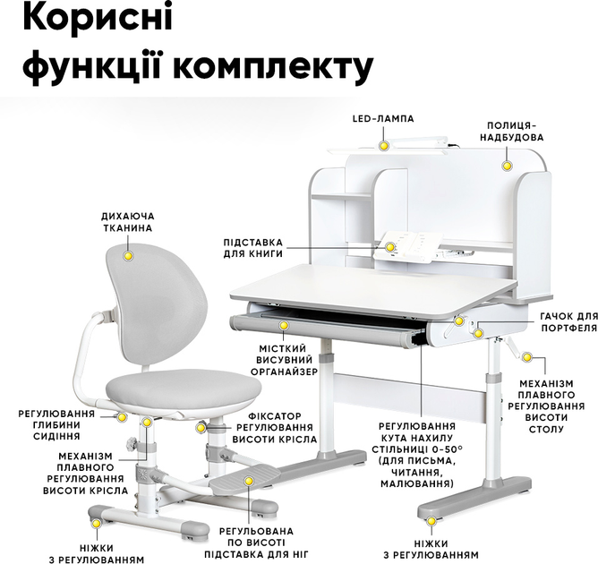 Комплект мебели Mealux Nemo XL Grey стол + стульчик + полка + лампа (BD-39 G) - изображение 2