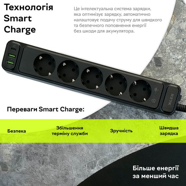 Мережевий фільтр-подовжувач RZTK Power Strip Pro 5 + 2 USB-A + USB-С (PD20W) Black 2 м - зображення 6