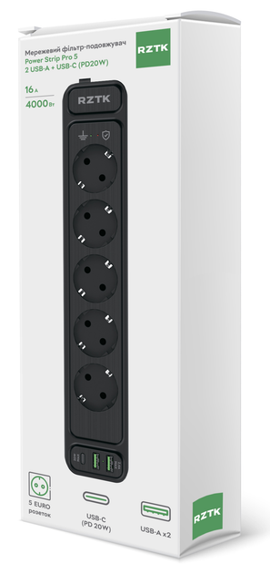 Мережевий фільтр-подовжувач RZTK Power Strip Pro 5 + 2 USB-A + USB-С (PD20W) Black 2 м - зображення 14