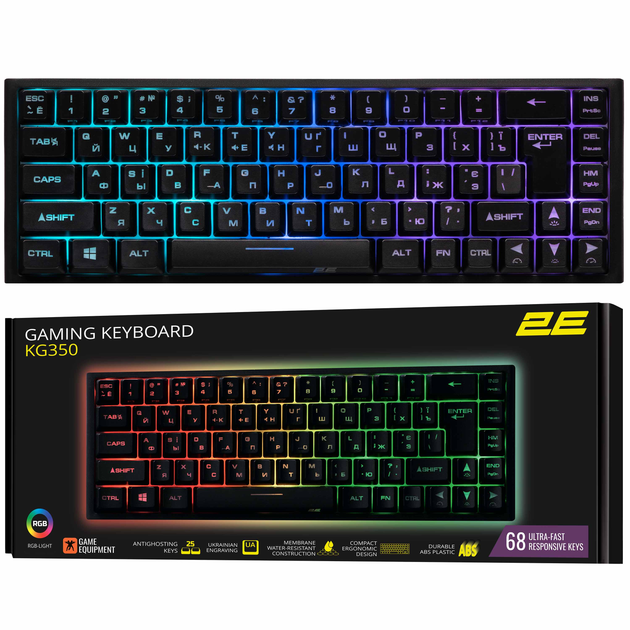 Клавиатура игровая 2E Gaming KG350 RGB 68key USB Black Ukr - изображение 1