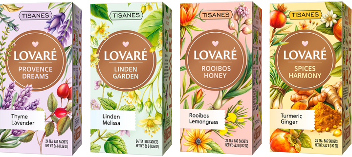 Набір трав'яного чаю Lovare Provence Dreams 1.5 г + Rooibos Honey 1.8 г + Linden Garden 1.5 г + Spices Harmony 1.7 г по 24 пакетики (2000989193821) - зображення 1