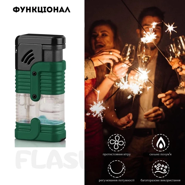 Тройная турбо-зажигалка с возможностью заправки бутаном Triple Torch Lighter (зеленая) - изображение 3