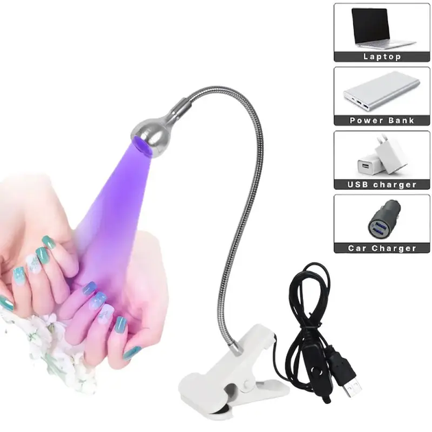 Лампа UV для сушки гель лака, гелевых типс с USB-разъемом (настольная, гибкая, с прищепкой) серебро, 5 Вт - изображение 2
