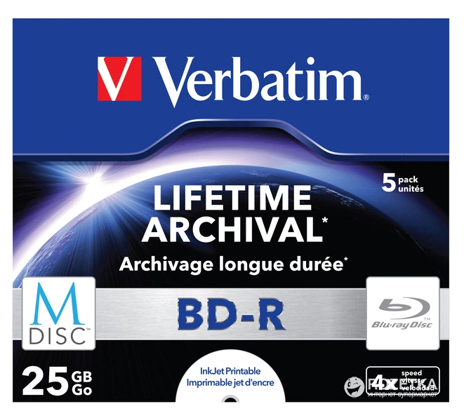 Verbatim M-Disc BD-R 25 GB 4x Jewel 5 шт Printable (43823) – фото